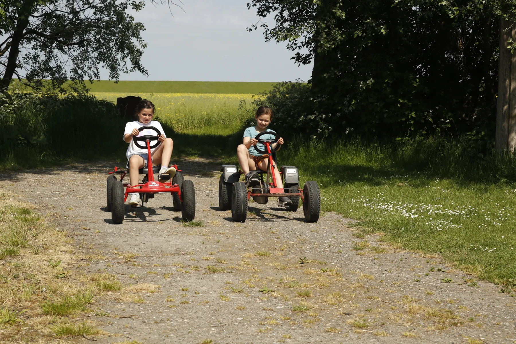 Zwei Kinder fahren mit Tretautos auf unserem Ferienhof am Deich